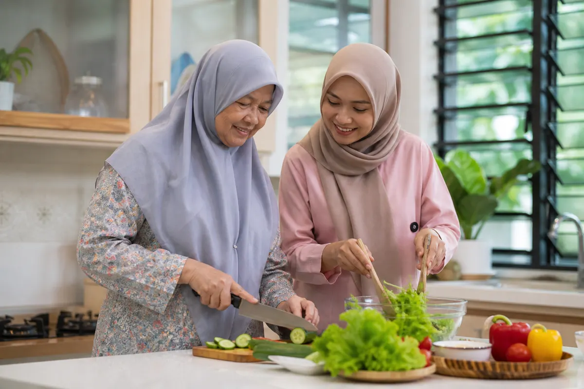 Seorang wanita warga emas Melayu menyediakan hidangan bersama penjaga.
