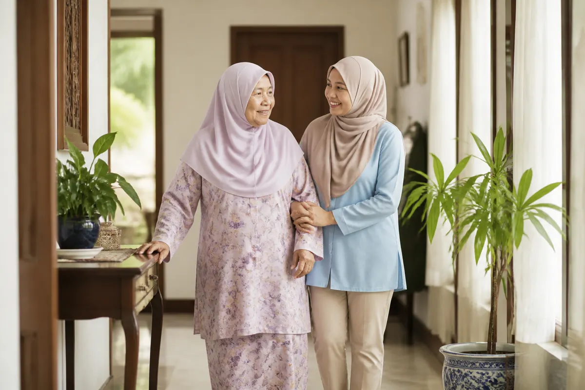 Seorang wanita warga emas Melayu berjalan dengan selamat bersama penjaga di rumah.