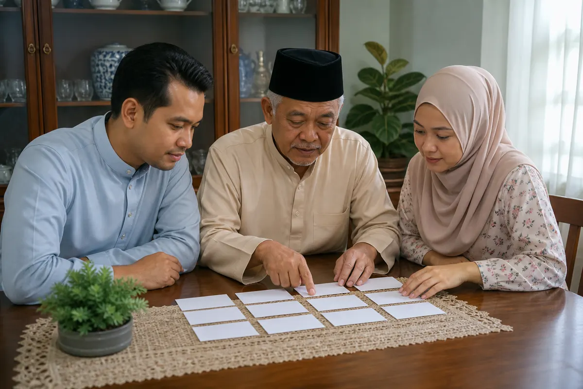 Sebuah keluarga Melayu merancang jadual penjagaan di rumah bersama-sama.