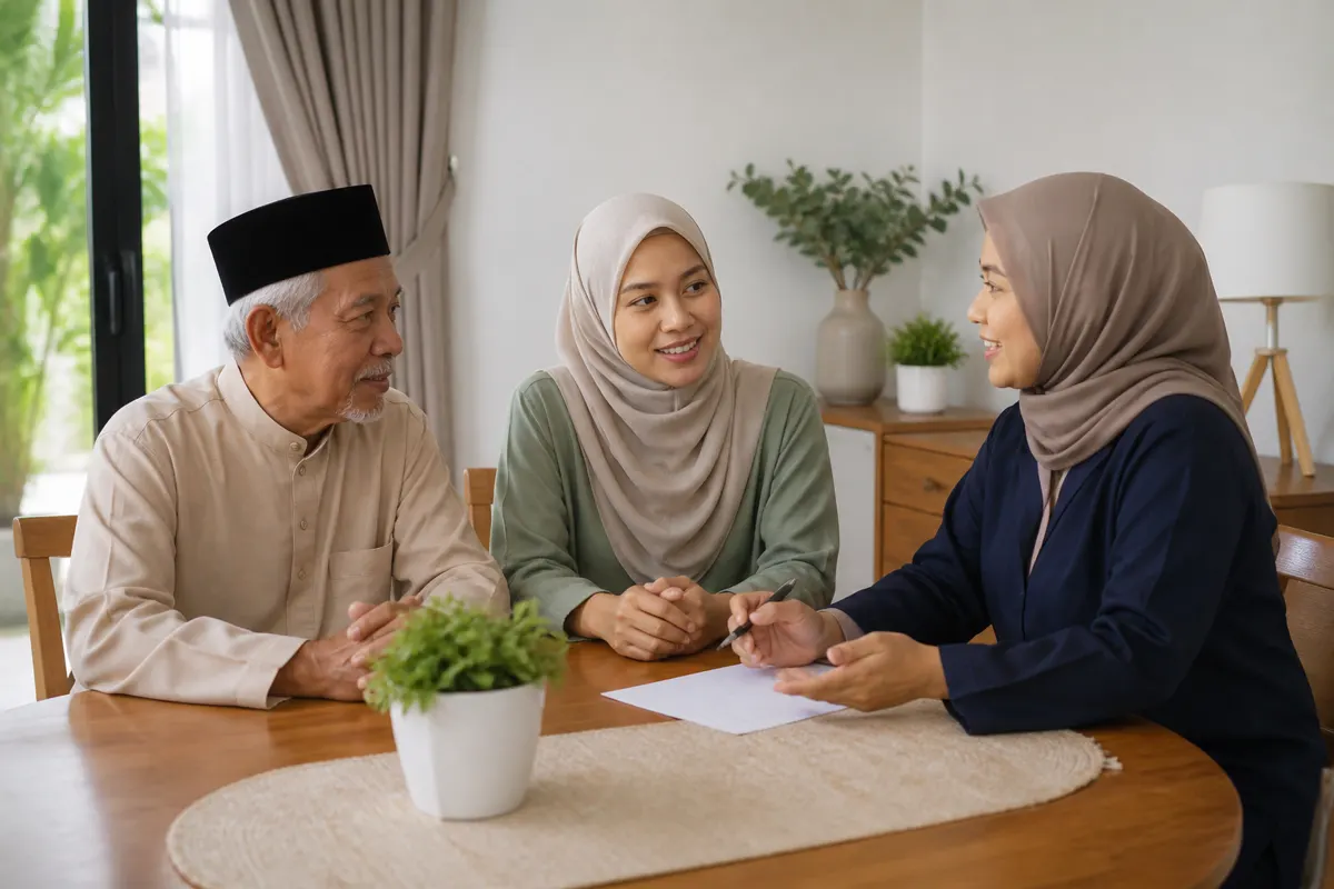 Sebuah keluarga Melayu berbincang tentang sokongan di rumah bersama penjaga.