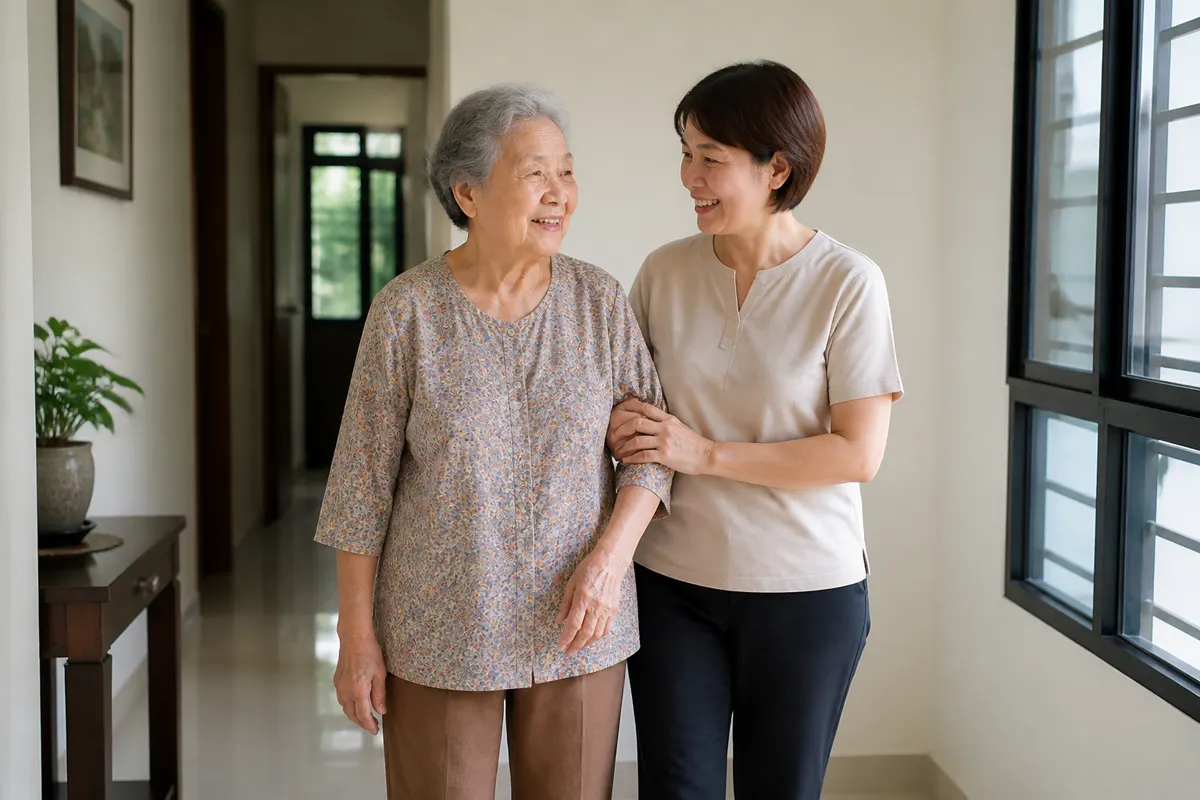 An older Chinese Malaysian woman walking safely at home with caregiver support.