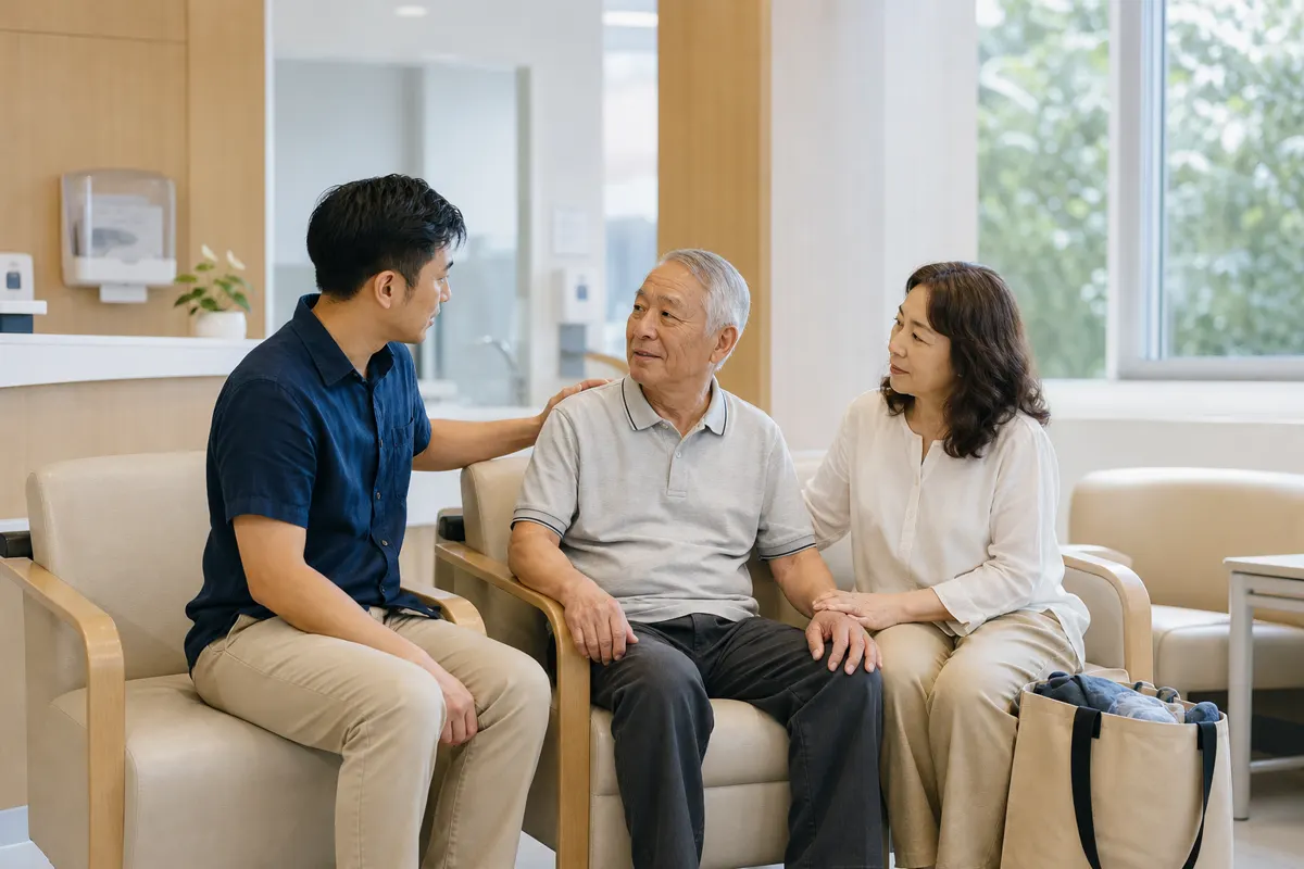A Chinese Malaysian family preparing for an older relative to return home from hospital.