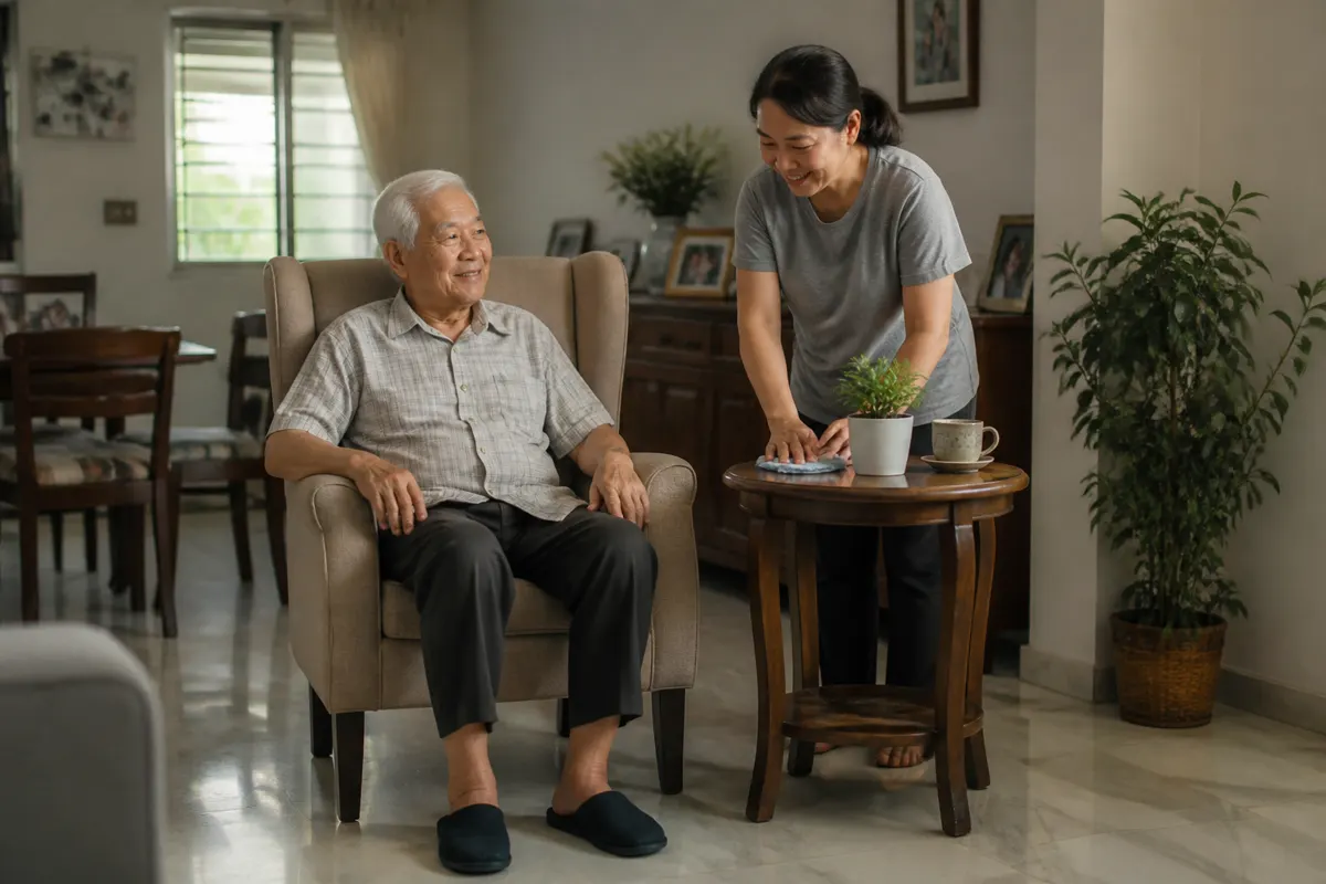 An older Chinese Malaysian man relaxing while a caregiver helps nearby.