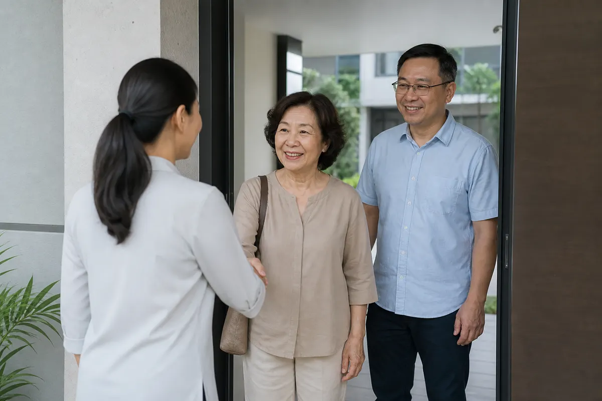 A caregiver greeting a Chinese Malaysian family at their residence.