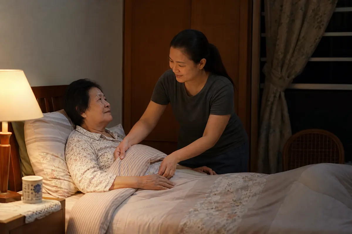 A caregiver helping an older Chinese Malaysian woman settle comfortably at night.