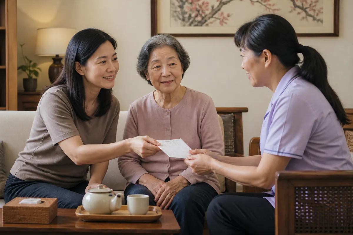 A Chinese Malaysian family completing a calm respite-care handover.