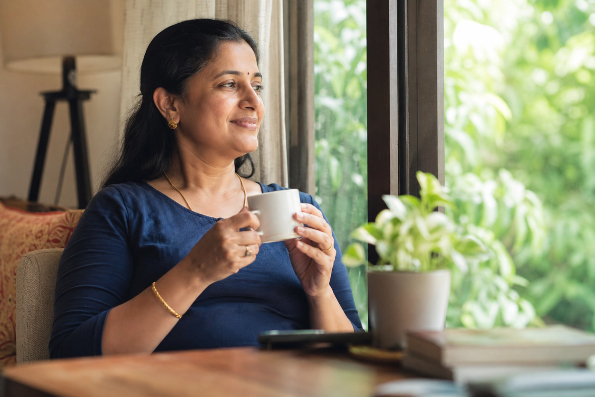 A family caregiver taking a restful break with a warm drink.